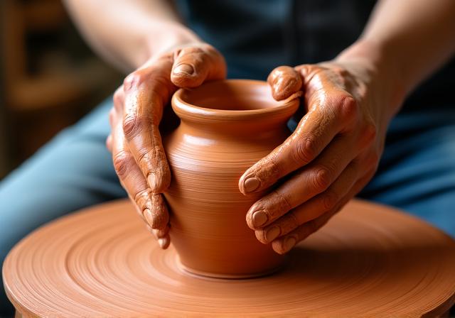 Mani che lavorano l'argilla su un tornio