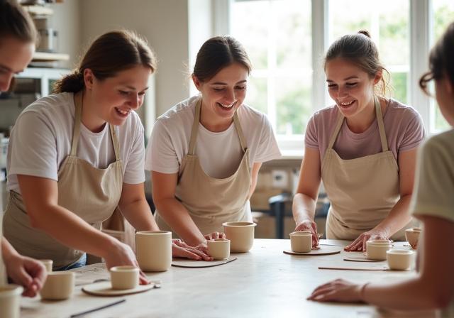 Gruppo di persone sorridenti durante un workshop di ceramica