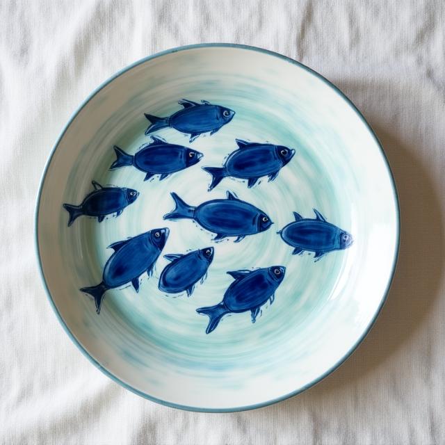 Piatto decorato con pesci azzurri